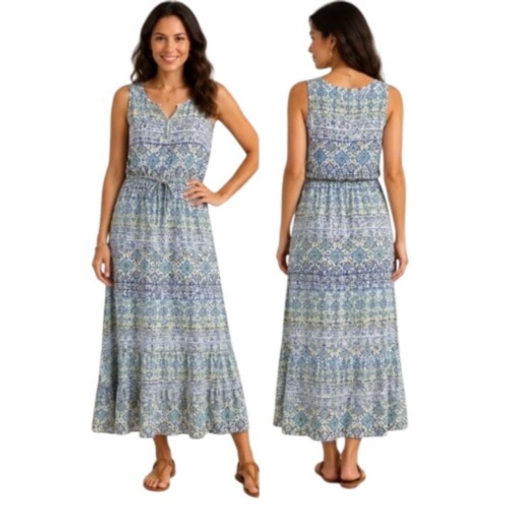 Pure Collection Silk Maxi Dress Womens 14/16 Blue Mosaic Print Coastal Boho Chic